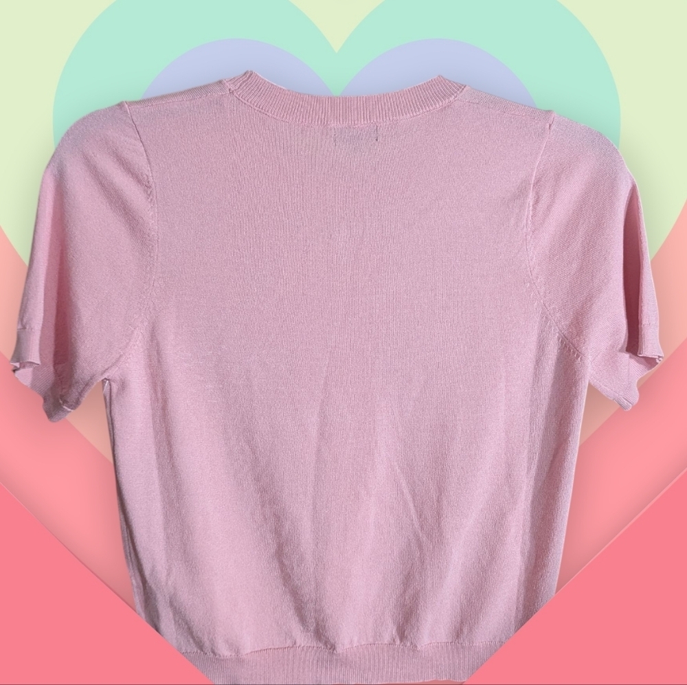 EUC Debut Pink Knit Short Sleeve Poodle Graphic Sweater Top M/L - Picture 7 of 11